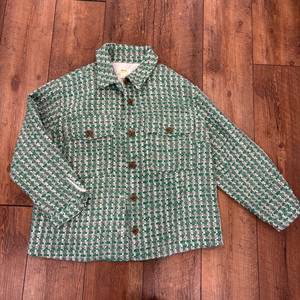 Anthropologie Maeve Plaid Tweed Relaxed Shacket Shirt Jacket Preppy Green LP - Picture 3 of 8